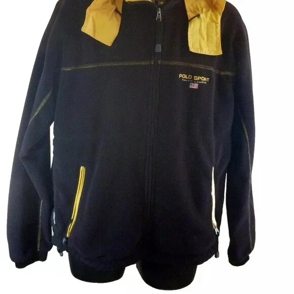 Men M Polo Sport Ralph Lauren Navy Yellow Polartec Thermal Fleece Zip Hood